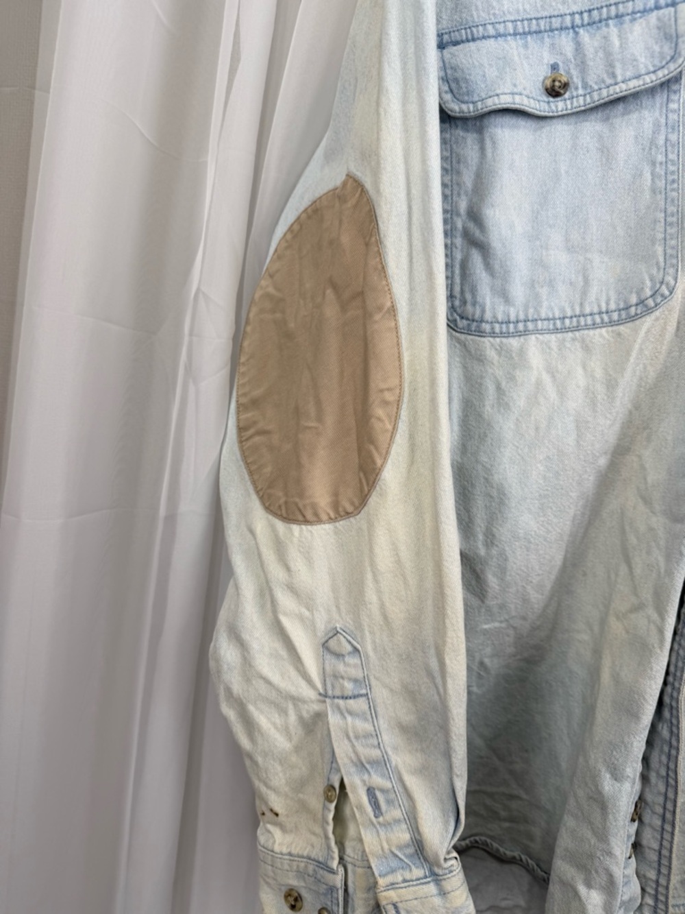Vintage Wrangler Rugged Wear Denim Work Shirt Elbow Patch Distressed Men - Picture 3 of 10